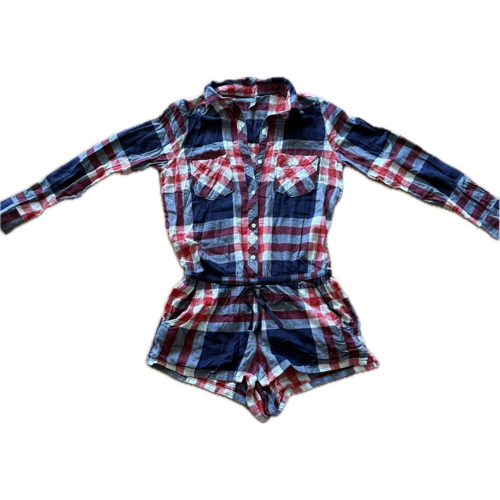 Aerie Women’s Romper Button Up Plaid Flannel Long Sleeve Size S 100% Cotton